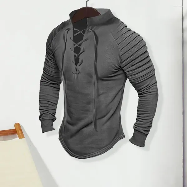 Hoodies masculinos homens ruched topo manga longa cor sólida retro gola rendas pulôver topos elegante plissado hoodie