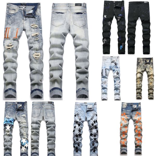 Moda New Jeans Mens designer jeans calças jeans para homens skinny mens jeans estrela hombre mens calças calças motociclista bordado rasgado para tendência algodão homem jeans