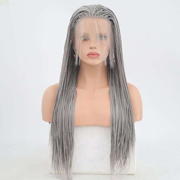 Splendida parrucca anteriore in pizzo intrecciato grigio argento con capelli da bambino - Parrucca sintetica con trecce a scatola da 26 pollici per donne nere - Stile splendido per ogni occasione