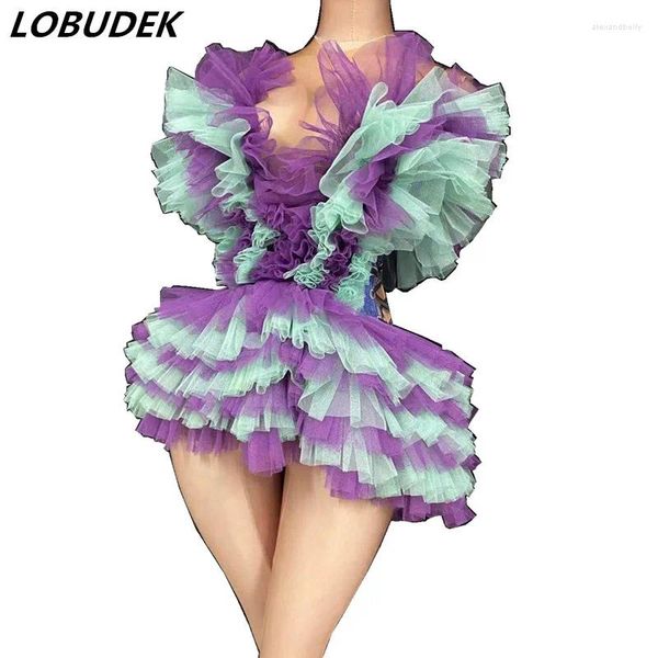 Bühnenbekleidung Nachtclub Party Sänger Tänzerin Mesh Tutu Mini Kleider Spleißfarben Ballkleid Tanz Kostüm Frauen Performance Kleidung