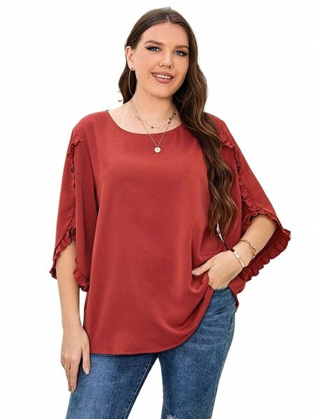 Gibsie Plus Size Frill Trim 3/4 Manga Sólida T-shirt Mulher 2024 Verão Casual O-pescoço Mulheres Camisetas 3XL 4XL Tamanho Grande Tops Tee X5ZO #