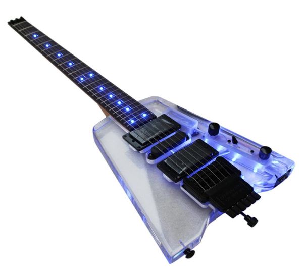 Mini guitarra elétrica acrílica de viagem portátil sem cabeça de boa qualidade com luz led azul4875714