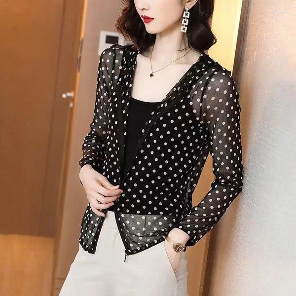 Giacche da donna 2024 Chiffon a pois con cappuccio Maglia da baseball allentata Protezione Giacca corta Cardigan Elegante Pezzo unico Versatile Z961