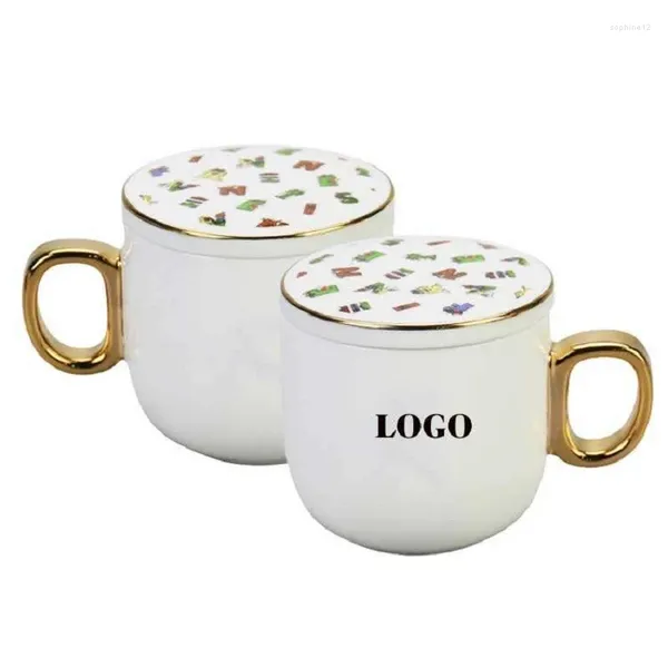 Canecas com logotipo de impressão personalizado Bone China Design personalizado copo ouro alça cerâmica com tampas