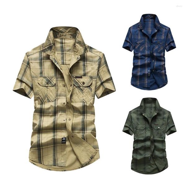 Camicie casual da uomo Camicia da esterno Maniche corte Risvolto Plaid Sport Vintage T-shirt di alta qualità Oversize 5XL