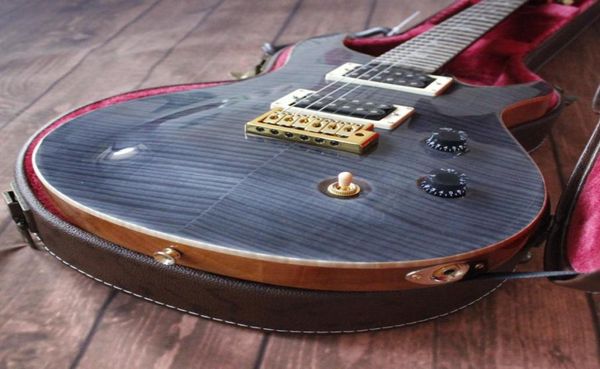 Stock privato Top in acero fiammato blu scuro grigio chitarra elettrica Smith ponte tremolo corpo in legno rilegatura bianco MOP uccelli intarsio Eagle7331466