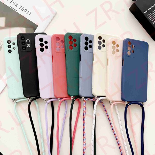 Casos de telefone celular Crossbody Lanyard Case para Samsung A54 A53 A52 A51 A34 A33 A13 S23 S22 Ultra S21 S20FE TPU Silicone Neck Strap Capa YQ240330