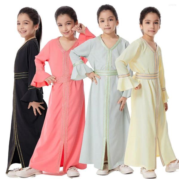 Ethnische Kleidung Muslimische Mädchen Langes Kleid Frühling Ramadan Stickerei Spitze Kaftan V-Ausschnitt Abaya für Kinder Islamische Saudi-Arabien Robe Marocain