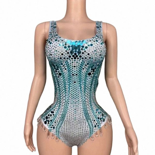 Feminino sexy palco azul rhinestes lantejoulas collant noite aniversário celebrar bodysuit traje desempenho dança cristais outfit 52sh #