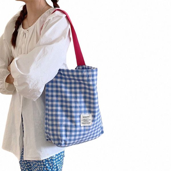 Youda Novo Estilo Fi Cott Tecido Bolsa de Ombro para Mulheres Simples Padrão Xadrez Grande Capacidade Casual Shopper Tote Bags T1d3 #