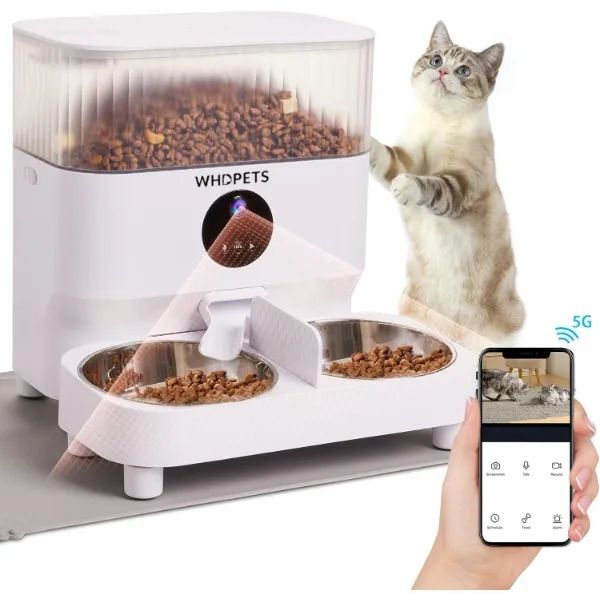Distributore automatico di cibo per gatti WHDPETS 5G WiFi con fotocamera 1080P per 2 gatti cani Alimentatore per animali domestici 5L con tappetino per l'alimentazione 240328