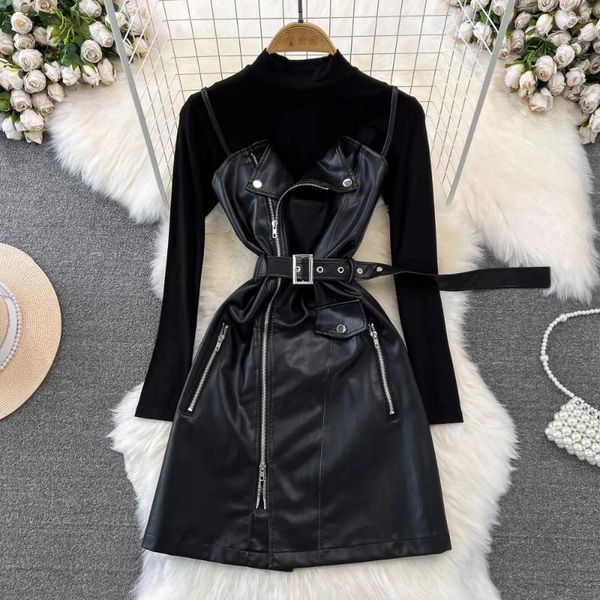 Casual Kleider Mode Zwei Stück Set PU Leder Kleid Frauen Frühling Herbst Spaghetti Strap Mini Mit Gürtel Schwarz Sommerkleid Vestidos