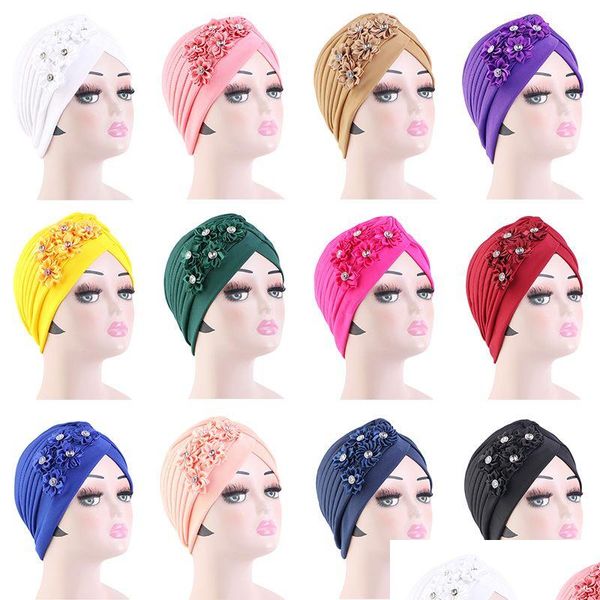 Beanie / Skull Caps Novas Mulheres Strass Flor Cabeça Envoltório Nigéria Festa de Casamento Cap Plissado Beanie Muçulmano Islâmico Elástico Ruf Dhgarden Dhesm