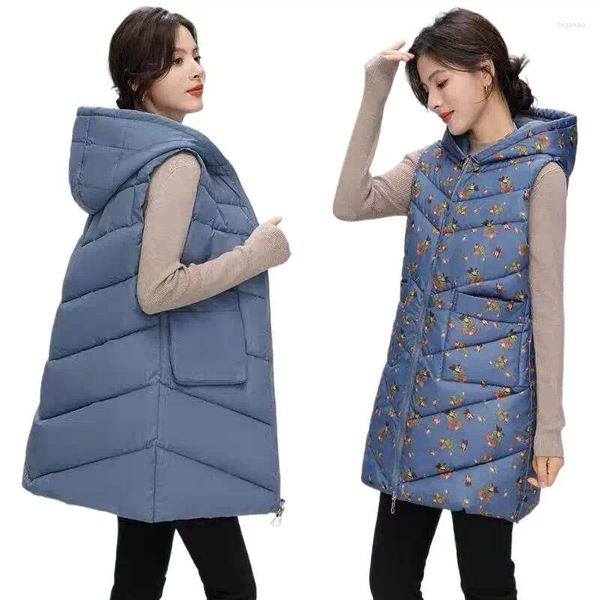 Coletes femininos moda dupla face vestindo comprimento médio para baixo colete jaqueta plus size impressão mãe colete outono parkas tanques 3xl