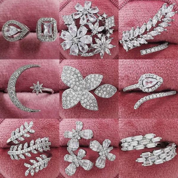 Anello di lusso da donna con fiore carino Gioielli da sposa con anello aperto irregolare alla moda in argento 925 con diamanti