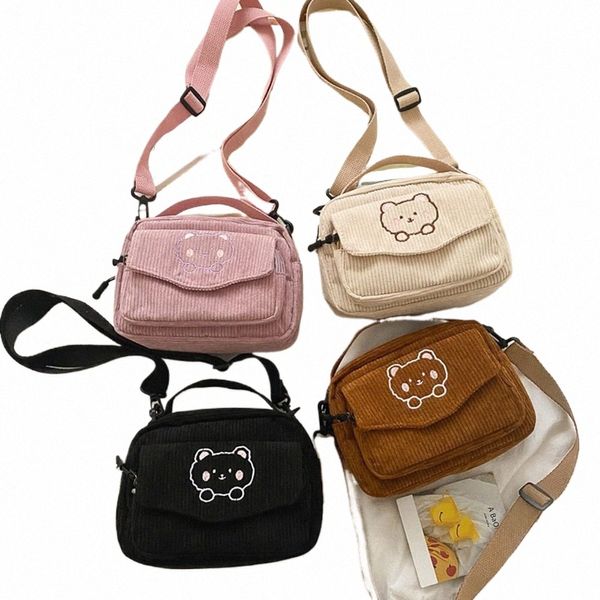 New Fi Mulheres Corduroy Carto Bear Imprimir Bolsas de Ombro Estudante Tote Menger Bag Satchel Bolsas de Viagem 52KJ #