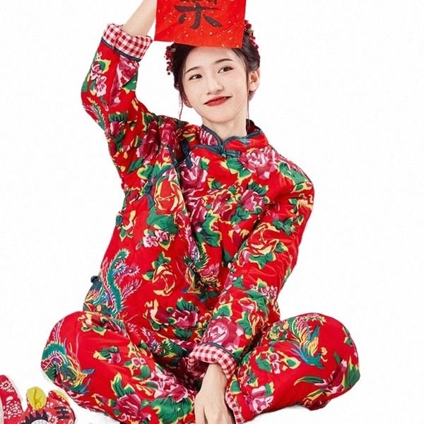 Traditial Estilo Étnico Roupas Nordeste Traje de Dança Floral Chinês Ano Novo Inverno Impressão Cott Jaqueta Calças Duas Peças Set U4Zp #