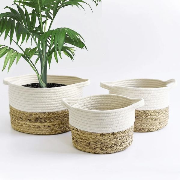 Cesta de armazenamento de plantas de palha de algodão dobrável sólida cama de gato branco cinza interior vaso de flores livro brinquedo rack de maquiagem 240318