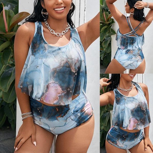 Mulheres Swimwear Grande Tamanho Bikini Set Cup Mulheres Retro Halter Pescoço Cruz Natação Terno Grande Maiô Tie Dye Impressão