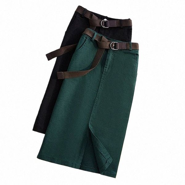 Plus Size Slim Cintura Alta Frt Frt Midi Saias Retas 4XL Mulheres Japonesas Harajuku Ses Bolsos Bodyc Saia Carga Verde 54og #