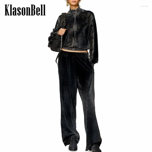Calças femininas de duas peças 3.11 KlasonBell Vintage lavado angustiado diamantes carta zíper jaqueta ou elástico cintura baixa conjunto de veludo reto