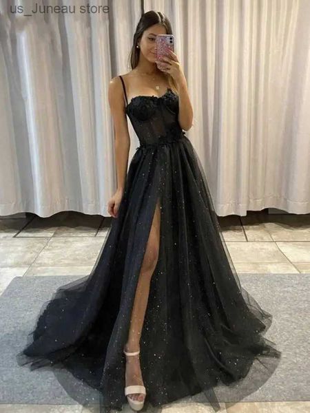 Abiti da passerella Popolari con spacco laterale Fiori Abiti da sera lunghi Senza spalline Swtheart Bones Nero Glitter A Line Tulle Abiti da ballo 2023 T240330