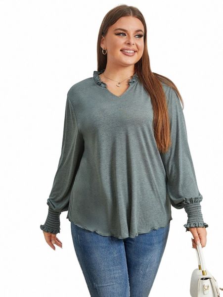 Plus Size Mulheres Camisetas Sólidos V Corte Pescoço Alface Guarnição Blusa Elástica Cintura Lg Mangas Outono Primavera Outono Roupas T03s #