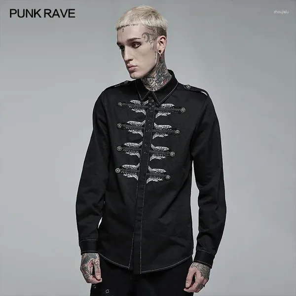 Camisas casuais masculinas punk rave personalizado crânio esqueleto bordado camisa não-elástica personalidade magro preto topos roupas masculinas