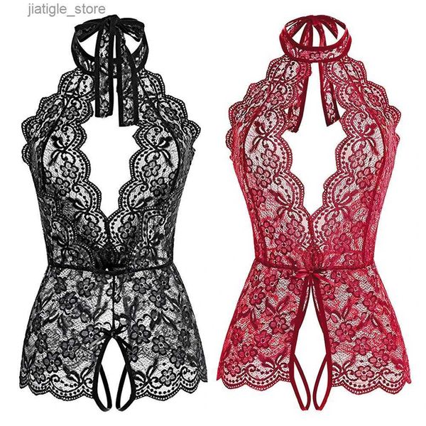 Set sexy s-2xl plus size donne sexy lingerie aprire reggiseno in pizzo senza cavallo da porno biancheria intima erotica costumi abiti da babydoll trasparenti erotici costumi y240329