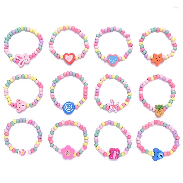 FORNO PARTENZA 12 pezzi/confezione da cartone animato bambini perle in legno Bracciale colorato per il compleanno per ragazze Gift per ospiti baby shower.