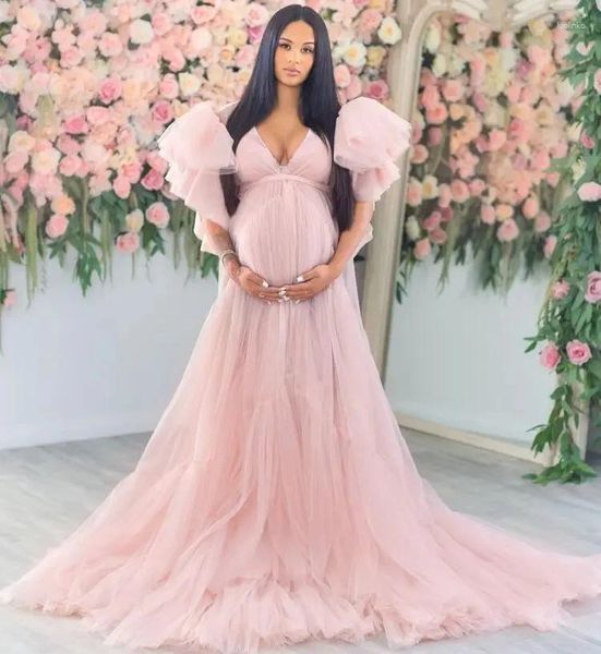 Abiti da festa Blush Pink Tulle Abito premaman per Poshoot Scollo a V Abiti da ballo Abiti da cerimonia Gravidanza Babyshower Accappatoio