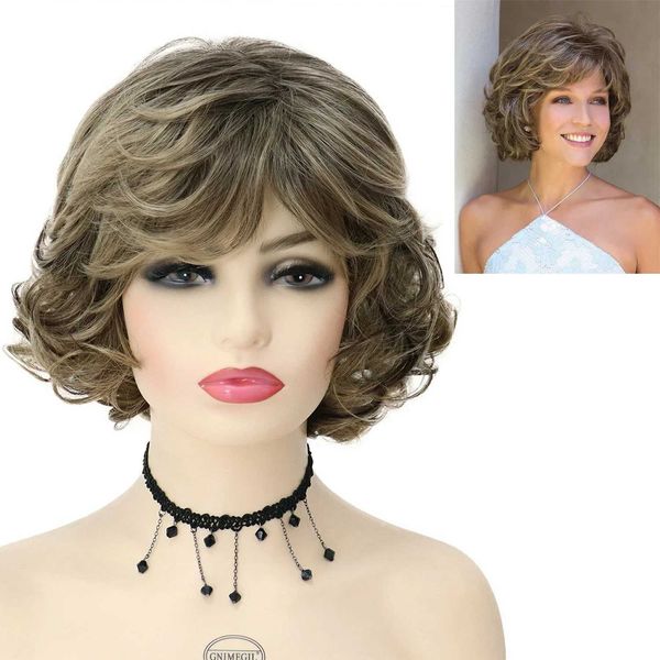 Nxy vhair perucas gnimegil sintético curto encaracolado para mulheres peruca marrom claro com franja traje de halloween feminino cosplay senhora mamãe 240330