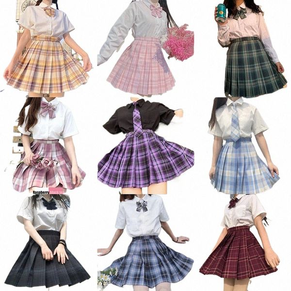 scuola ragazza uniforme gonne a pieghe uniforme scolastica giapponese vita alta a-line gonna scozzese sexy uniformi JK per la donna set completo c03u #