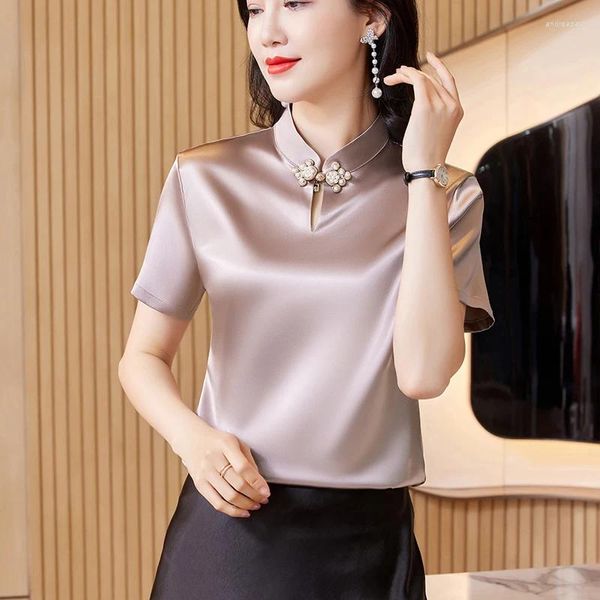 Blusas femininas 2024 primavera/verão camisa de cetim elástico fino ajuste cor sólida estilo chinês botão design manga curta topo roupas femininas