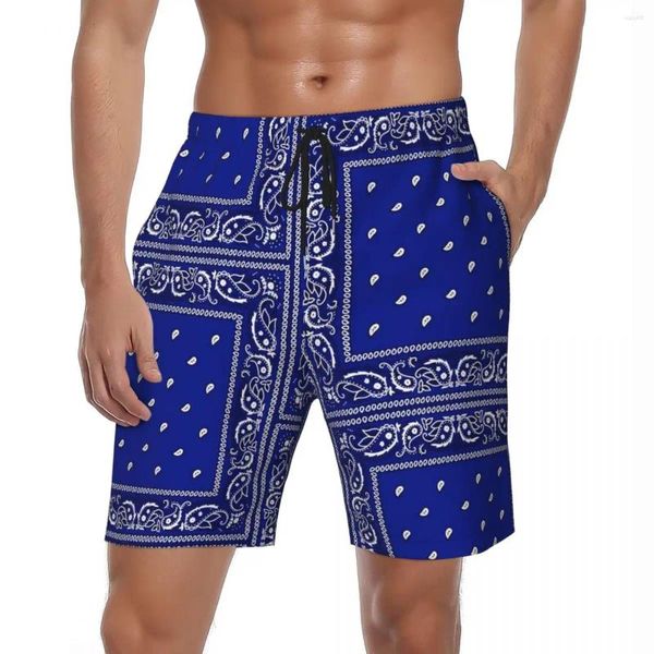 Мужские шорты, купальник, синяя бандана с узором пейсли, летняя мода в стиле ретро, пляжные спортивные шорты для фитнеса, быстросохнущие плавки