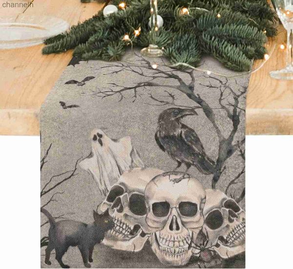 Runner da tavolo Halloween Vintage Skull Black Cat Dresser Cover Grigio Scheletro tela Day of Dead Decor per la cucina Home Party yq240330