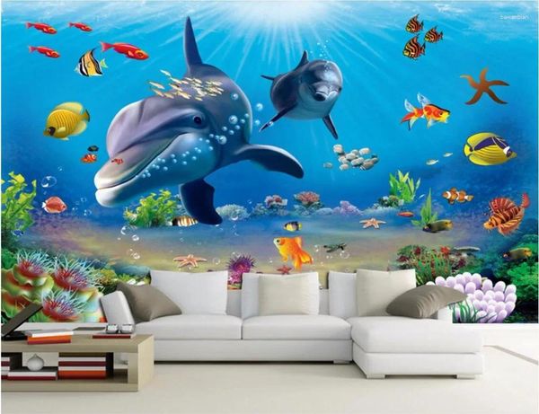 Wallpapers WDBH personalizado mural 3d papel de parede mar mundo dos desenhos animados golfinhos decoração de casa pintura murais de parede para 3 d