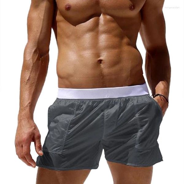 Мужские шорты, мужские плавки, однотонные прозрачные летние пляжные купальники с эластичной резинкой на талии и карманами