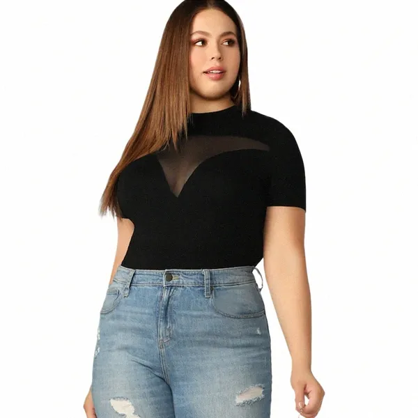 Plus Size Manica corta Estate Camicetta sexy Top Donna O-Collo Pannello in rete Nero Solid Sheer T-shirt basic Donna Big Size Tee 5XL a4FY #