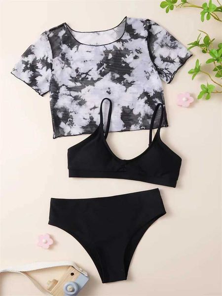 Roupa de banho feminina meninas biquíni maiô 2024 novo tie dye sólido cinta bikini conjunto crianças maiô três peças praia maiô j240330