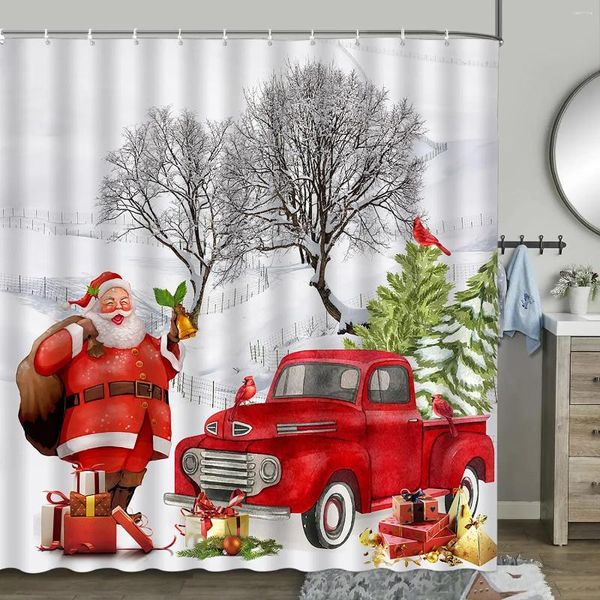 Cortinas de chuveiro cortina de natal inverno fazenda boneco de neve papai noel caminhão árvore fazenda pássaro vermelho floco de neve decoração do banheiro