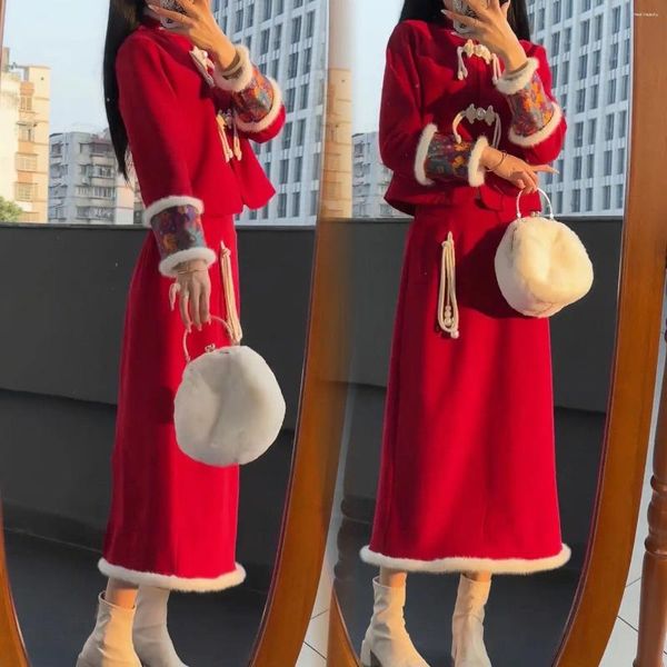 Zweiteiliger Kleid Unxx wohlhabendes Mädchen Chinesische Stil Chinesische Winter Cheongsam Pelzing Mant