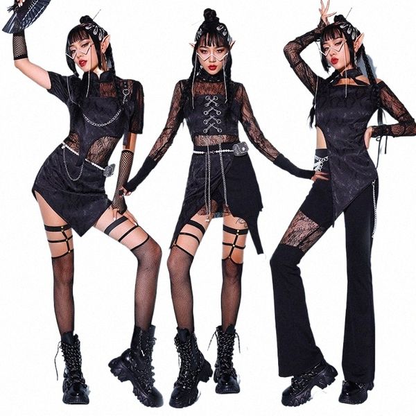 Nuovo costume da danza gogo donna Nightclub DJ Singer Clothing Rave Black Lace Kpop Outfit Hip Hop Jazz Performance Stage Wear BL7710 I1UD#