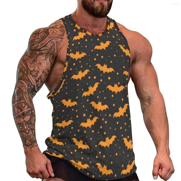 Regatas masculinas Halloween Bat Top Mens Laranja Pontos Imprimir Moda Praia Treinamento Padrão Sem Mangas Camisas Tamanho Grande 4XL 5XL