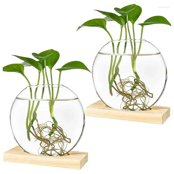 Vasen 4 x Desktop-Rundglas-Pflanzgefäß, Terrarium-Blumenvase mit Holzständer