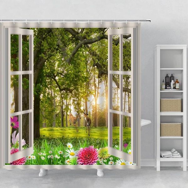 Tende da doccia Tenda 3D con scenario forestale fuori dalla finestra Decor Paesaggio Quattro stagioni Albero verde Tessuto lavabile in lavatrice