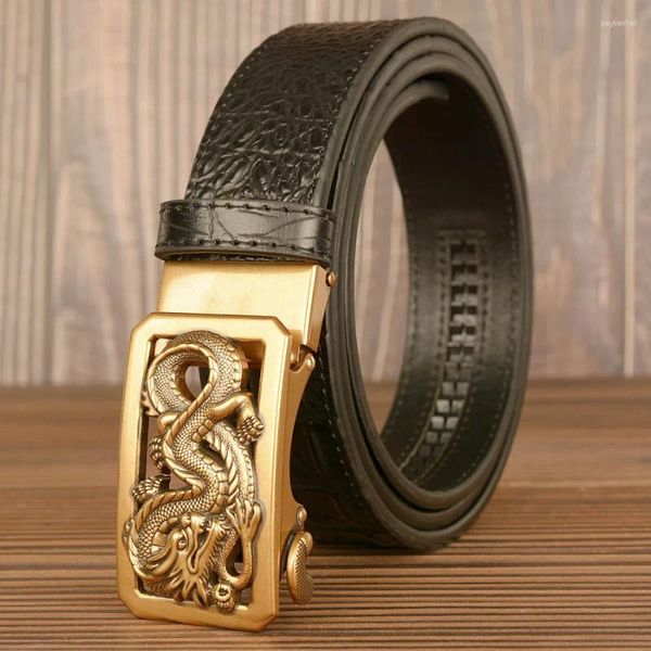 Cinture Cintura con motivo coccodrillo Personalità da uomo in pelle bovina, moda giovanile, fibbia automatica cinese Loong
