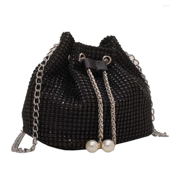 Umhängetaschen für Damen, Kette, Umhängetasche, einfarbig, Strass, glitzernde Satchel, Kordelzug, Bling-Eimer, weiblich, Dating