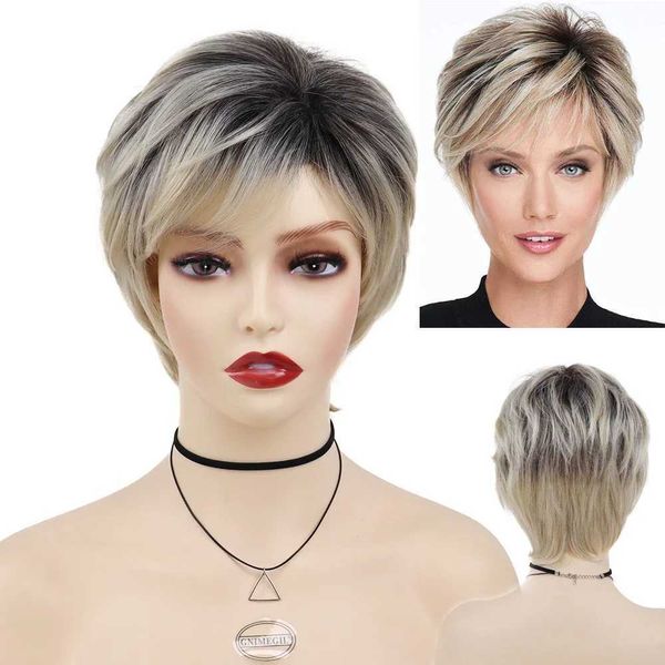 Nxy Vhair Perucas Gnimegil Sintético Ombre Loira Peruca com Franja Pixie Cortes Curtos para Mulheres Raízes Escuras Cabelo Natural Feminino Cosplay Mamãe 240330