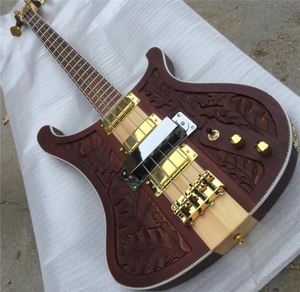 Guitarra baixa elétrica marrom com padrão de gravura4 captadores4 cordas20 trastesGold Hardwaresoferecer guitarras personalizadas guitarr7937006